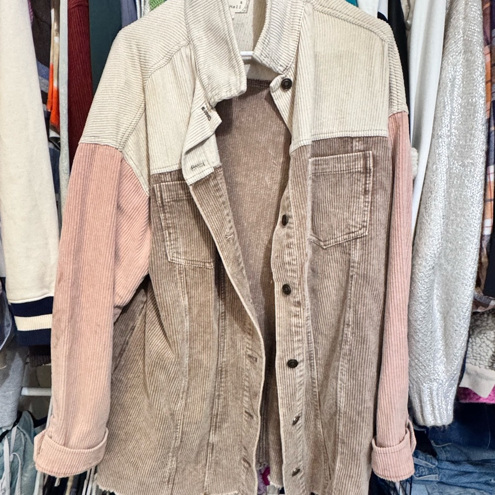 Oli & Hali Taupe, Cream & Pink Corduroy Colorblock Trucker Jacket